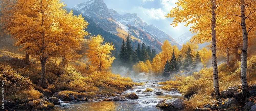 Fototapete autumn leaves in yellow trees and a mountain stream. with copy space image. place for adding text or
