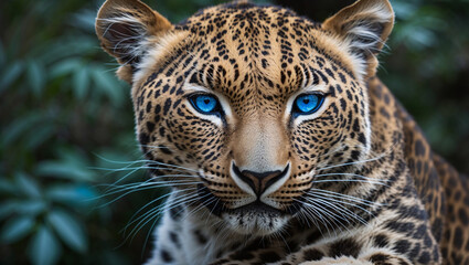 Fototapeta premium A leopard with striking blue eyes, close-up view.