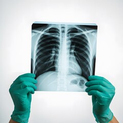 Doctor hand holding a lung radiography isolated on a white background