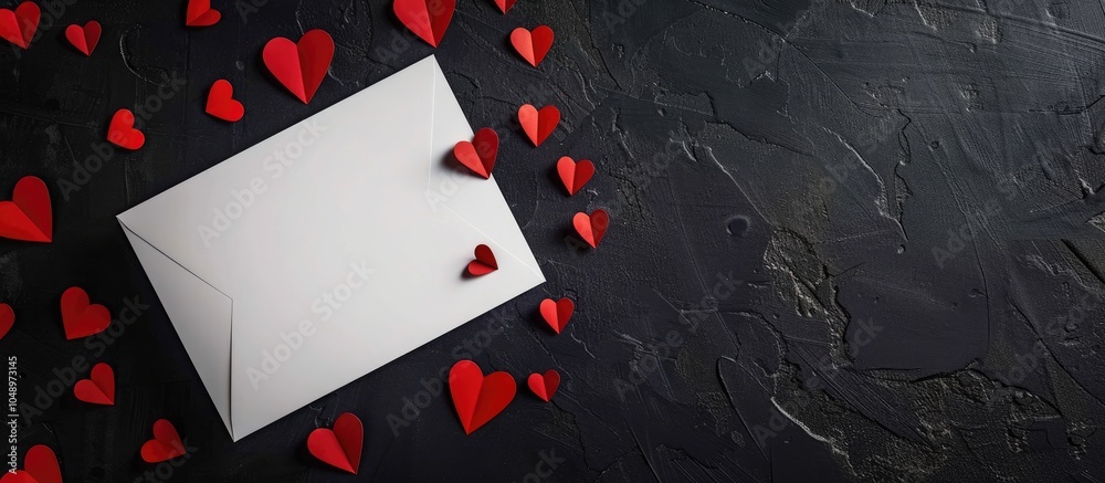 Aufkleber top view of a blank white greeting card and red paper cut hearts on a black background. with copy sp