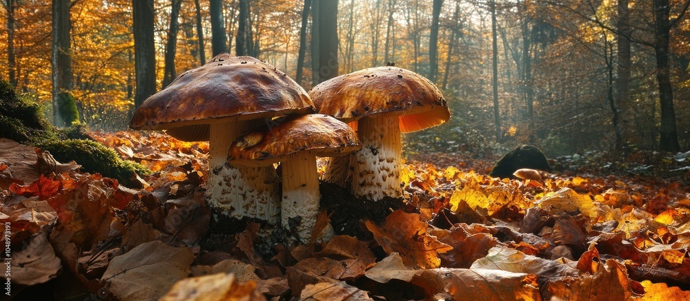 Aufkleber large mushrooms in a forest discovered during a mushrooming tour in autumn with brown leaves illumin