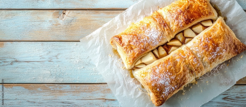 Leinwandbilder homemade apple and almond strudel on baking paper atop a light blue wooden background top view. with