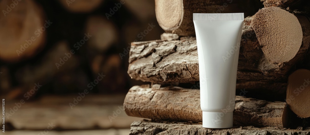 Poster A tube of white cream rests on a stack of wood. with copy space image. Place for adding text or design