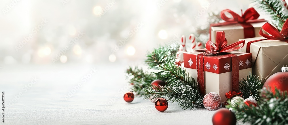 Poster christmas arrangement christmas presents and ornaments on a white background. with copy space image.