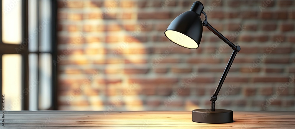 Poster black desk lamp on a wooden surface. with copy space image. place for adding text or design