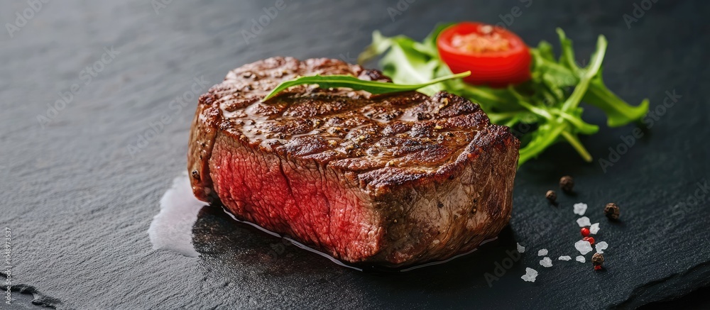 Leinwandbilder homemade beef steak cooked rare seasoned with pepper and salt accompanied by a small salad. with cop