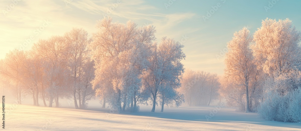 Leinwandbilder Trees covered in hoarfrost on a snowy glade during winter. with copy space image. Place for adding text or design