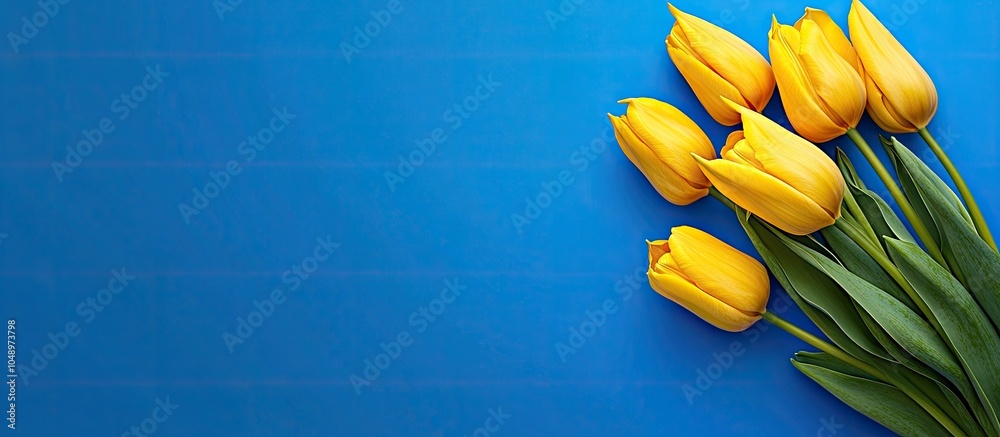 Poster A bunch of lovely yellow tulips on a blue backdrop. with copy space image. Place for adding text or design