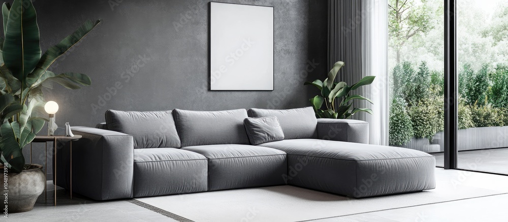 Aufkleber bright living room featuring a grey sofa and minimalistic decor. with copy space image. place for ad