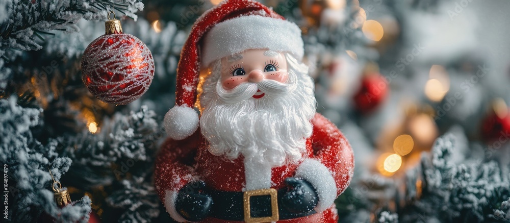 Poster merry christmas and happy holidays santa claus doll and decorations set against a background of a ch