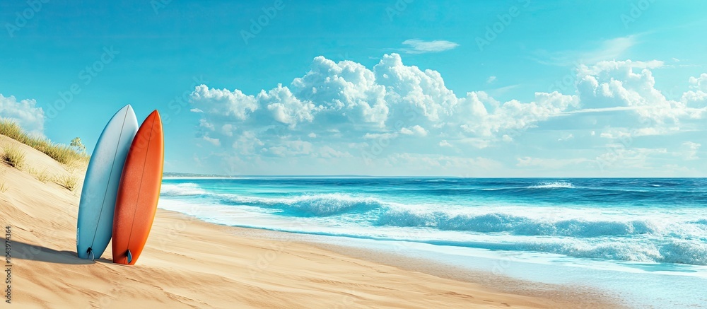 Poster beautiful sandy beach for surfing on a sunny summer day. with copy space image. place for adding tex