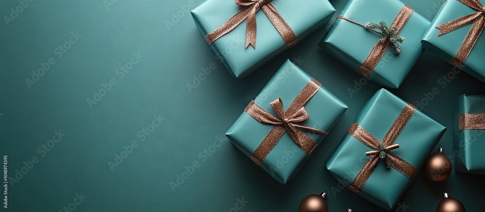 Aufkleber flat lay background of wrapped holiday gifts. with copy space image. place for adding text or design