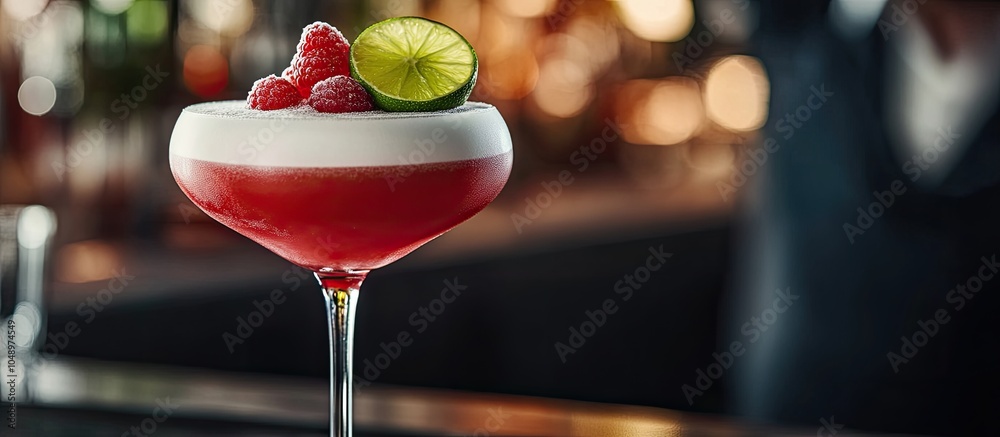 Poster detail of a red cocktail topped with white foam featuring rum raspberry and lime in a martini glass 