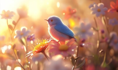 Fototapeta premium A bluebird perched on flowers in soft light.