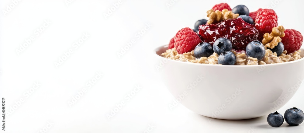 Leinwandbilder oatmeal porridge topped with blueberries raspberries jam and nuts in a white bowl adhering to the da