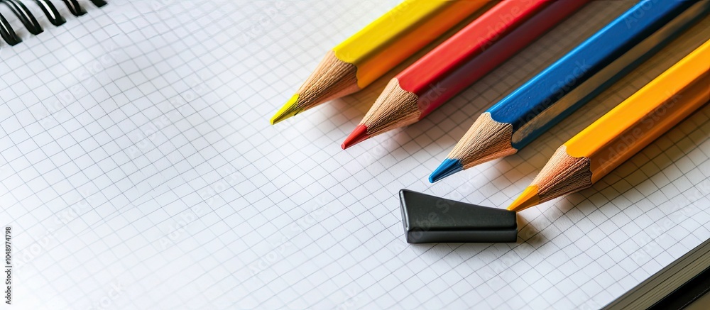 Poster top view of colored pencils an eraser and a checkered notebook on white paper copy space for an adve