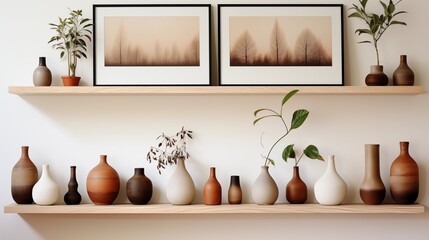 Floating wooden shelf with decor frames and vases, providing an elegant storage solution for minimalist spaces.