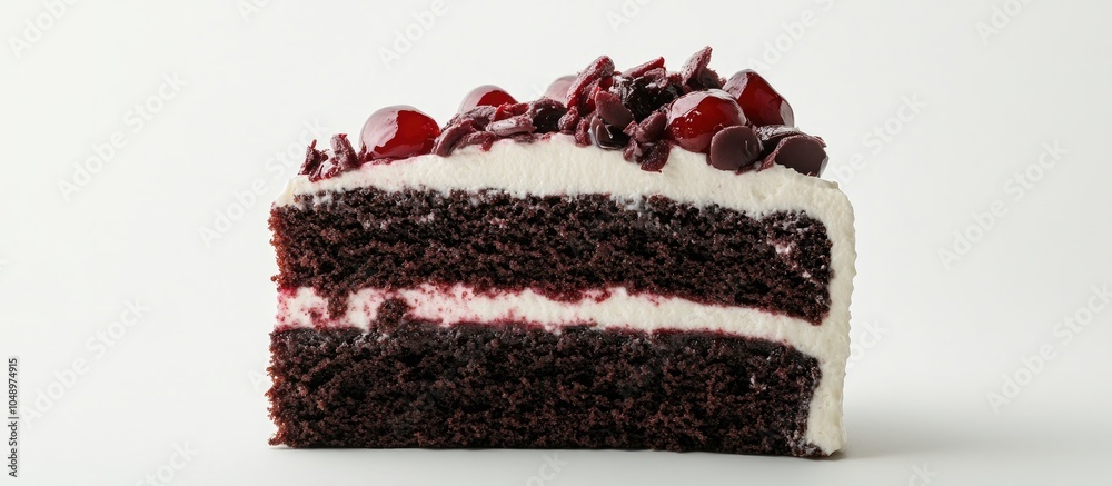 Fototapete Close up of a delectable and moist Black Forest cake set against a white background. with copy space image. Place for adding text or design