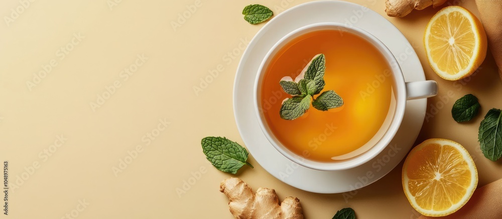 Aufkleber warming sea buckthorn tea with mint ginger honey and lemon in a white tea cup set against a beige ba