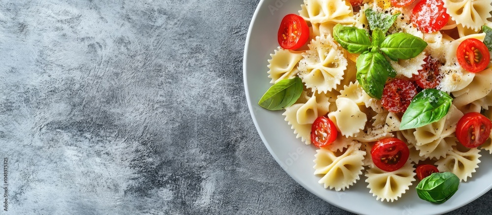 Leinwandbilder plate of tasty pasta primavera on a grey background top view. with copy space image. place for addin