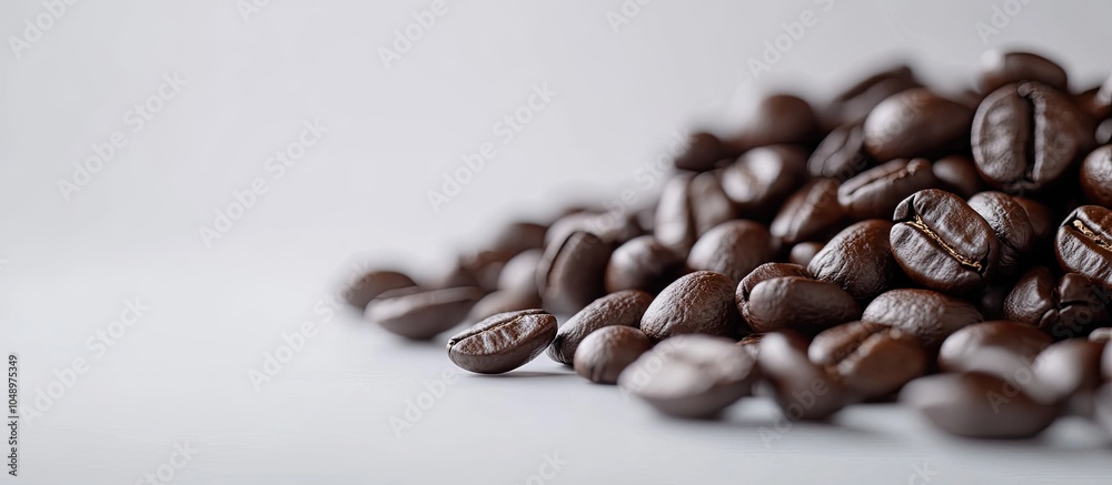 Fototapete Dark coffee Pile of dark coffee beans on a white surface Close up shot Selective focus. with copy space image. Place for adding text or design