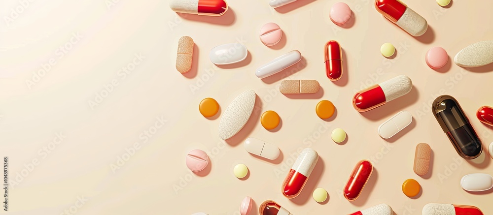 Aufkleber Different capsules and pills on a beige background. with copy space image. Place for adding text or design
