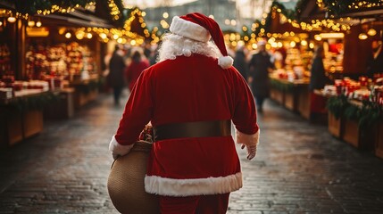 Santa Claus walking at Christmas market with lights