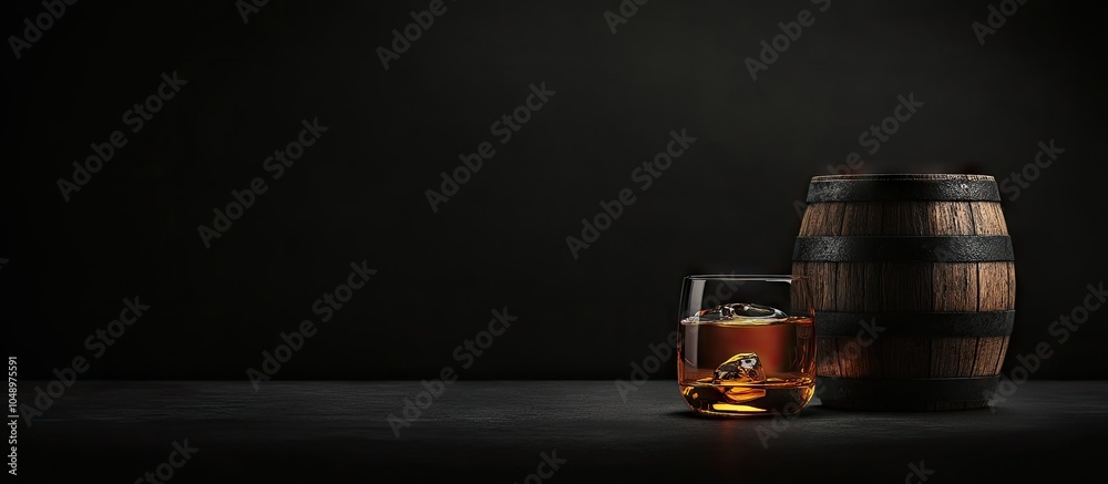 Aufkleber Whiskey and an oak barrel set against a black background. with copy space image. Place for adding text or design