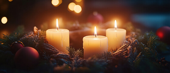 Three Burning Candles In A Christmas Wreath