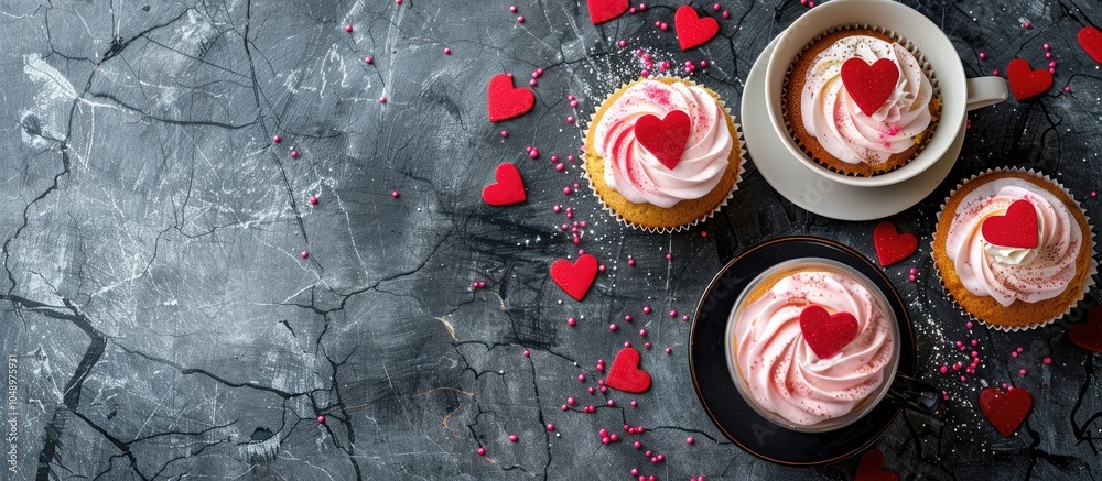 Leinwandbilder Valentine s Day greeting card featuring delightful sweet cupcakes and a coffee cup on a stone background Top view with space for your messages. with copy space image. Place for adding text or design