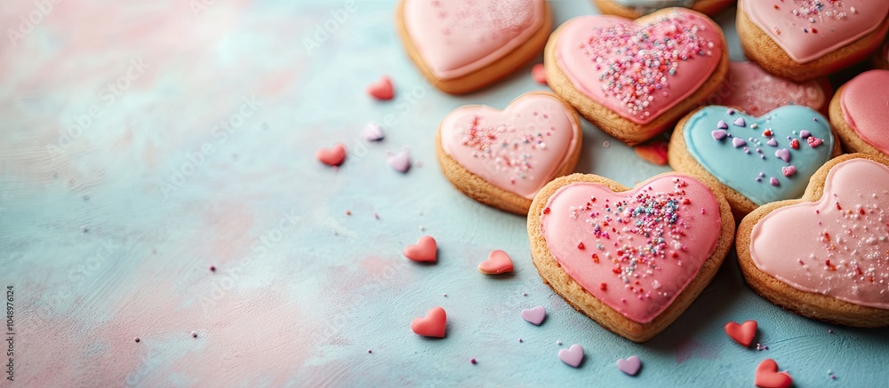 Aufkleber Valentine s Day heart shaped cookies on a colorful background. with copy space image. Place for adding text or design