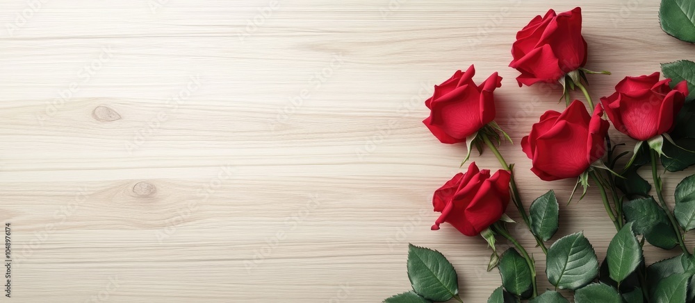 Poster red roses on a wooden surface. with copy space image. Place for adding text or design