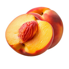Single whole peach fruit with leaf and slice. PNG element isolated on transparent background