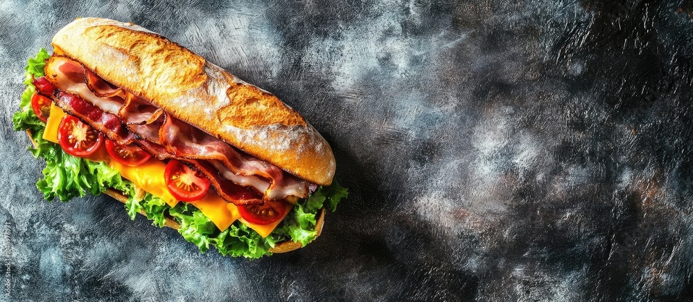 Aufkleber fresh baguette sandwich in bahn mi style bacon roasted cheese tomatoes and lettuce on a metallic bac