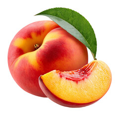 Single whole peach fruit with leaf and slice. PNG element isolated on transparent background