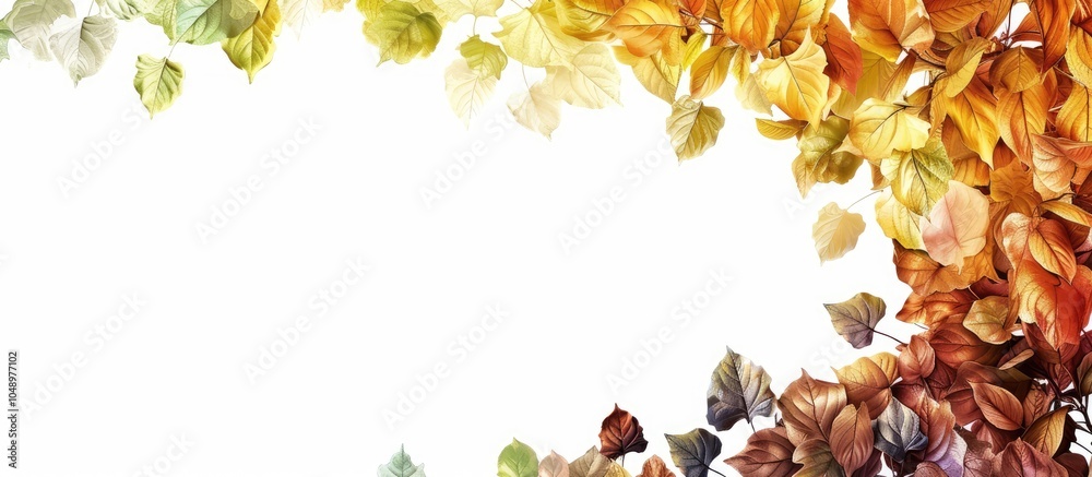 Poster The right border features a frame of autumn leaves A rainbow gradient of yellow orange brown and green overlaps in rows and columns There is a blank white background on the left for copy space