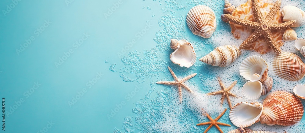 Poster beach and sea summer flat lay arrangement featuring seashells representing summer vacation and trave