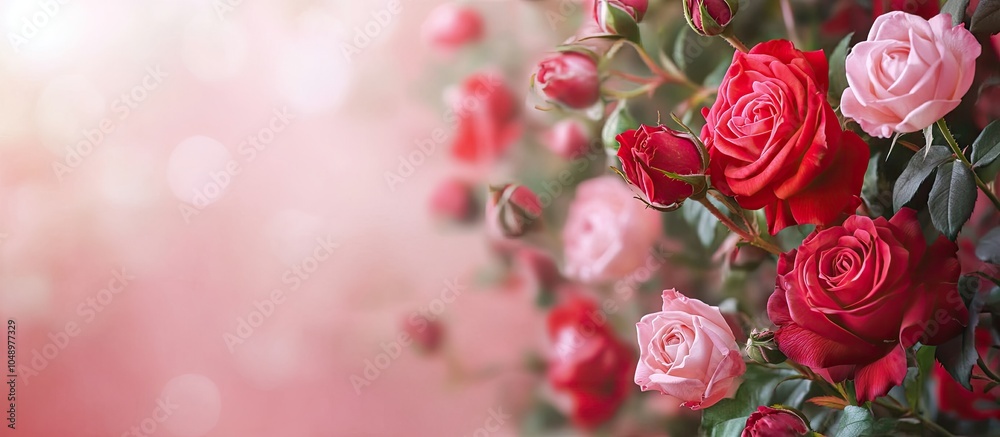 Poster Red and pink roses with a backdrop of flower buds. with copy space image. Place for adding text or design