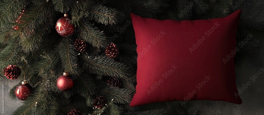 Poster Christmas cushion tree top view flat lay. with copy space image. Place for adding text or design