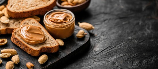 Peanut butter sandwich breakfast and its ingredients on a cutting board with a black wooden table background. with copy space image. Place for adding text or design