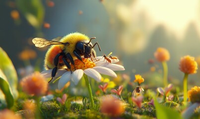 Naklejka premium Bumblebee pollinates flower in field of wildflowers.