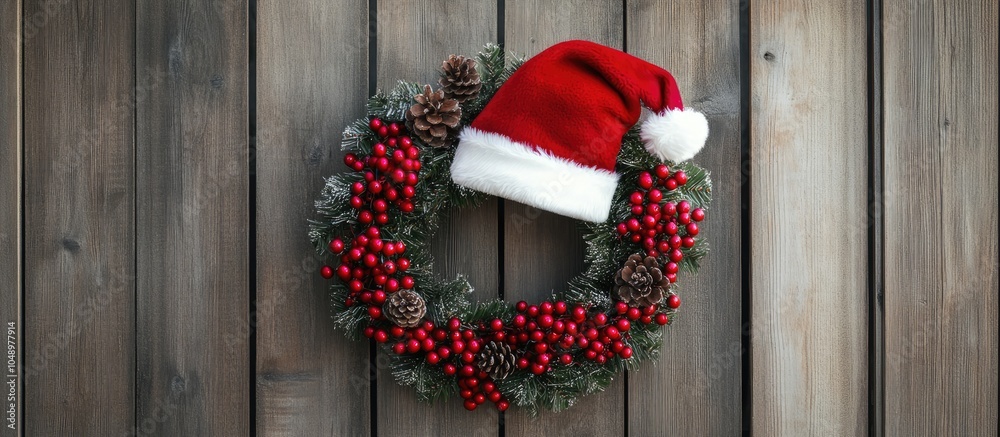 Leinwandbilder santa claus helper hat isolated with a handmade christmas wreath of red berries set against a wooden