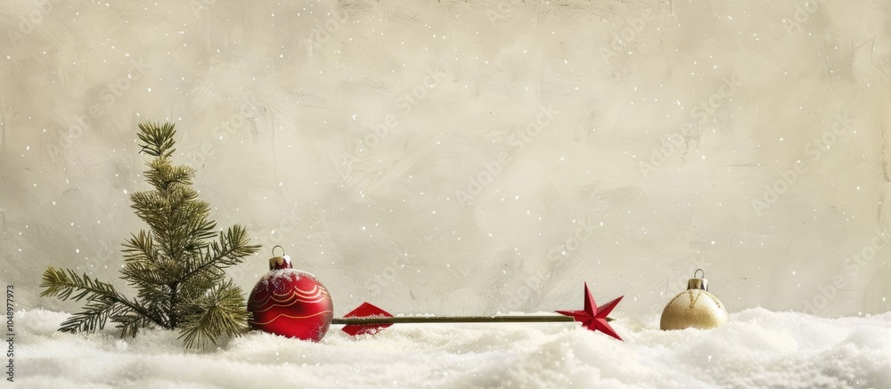 Fototapete Christmas still life featuring an arrow and fir tree star and balls resting on snow. with copy space image. Place for adding text or design
