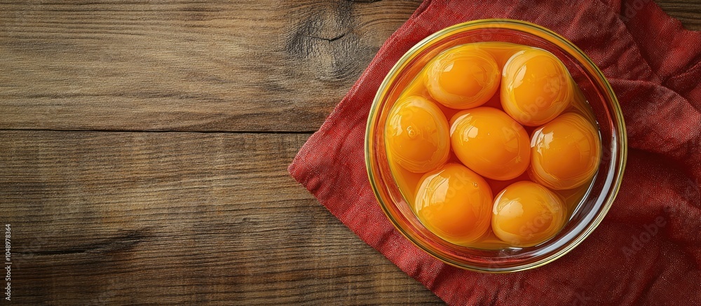 Aufkleber Bird s eye view of a glass bowl containing a dozen separated yellow egg yolks placed on a red linen towel on a wooden table with room for text on the right. with copy space image