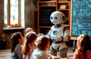 Obraz premium Robot Teaching Children in a Futuristic Classroom with Interactive Digital Screen and Engaged Students Participating in Learning Activities
