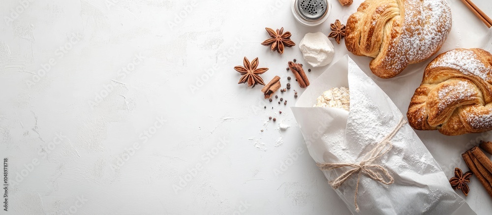 Poster comfort white paper bag for baking ingredients for pastry on a white table flat lay top view with co