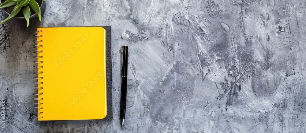 Poster Yellow diary on a gray backdrop alongside a pen and laptop flat lay. with copy space image. Place for adding text or design