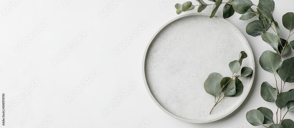 Fototapete Grey concrete plate with eucalyptus on a white background top view mockup. with copy space image. Place for adding text or design