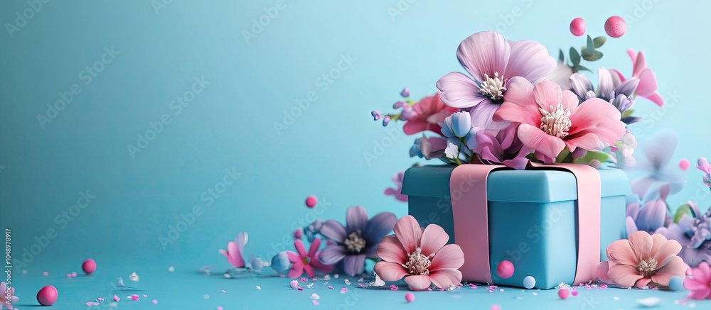 Aufkleber lovely bouquet of flowers and a gift box on a colored background area for text. with copy space imag