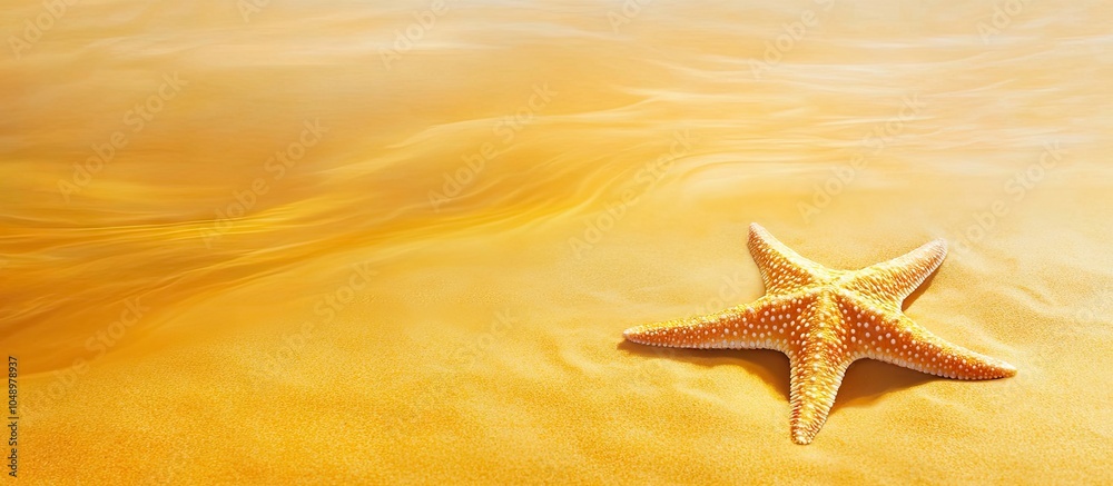 Poster starfish on a yellow sandy beach. with copy space image. place for adding text or design